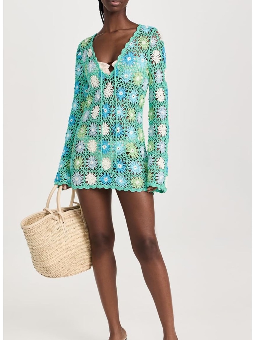 Show Me Your MuMu Aqua & Green Crochet Floral V-Neck Swim Coverup